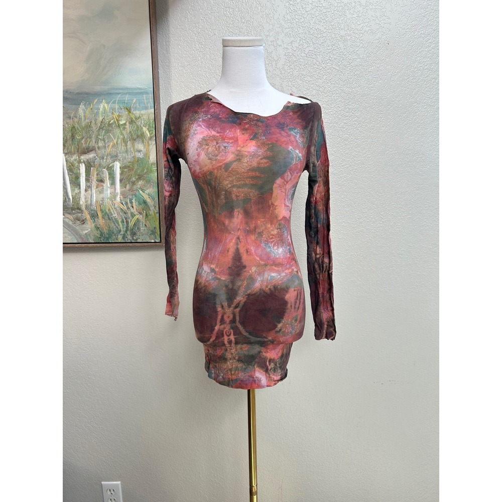 AMB Abstract Floral Mesh Mini Dress Long Sleeve Earthy Pink Rust One Size